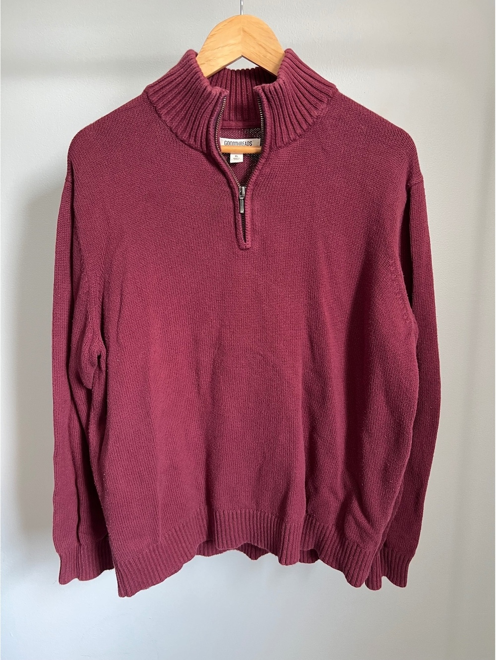 Goodthreads Men’s XL Burgundy 100% Cotton Quarter Zip Pullover Sweater